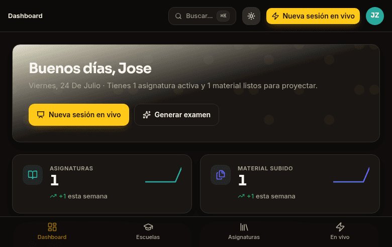 Panel de Kompa con las asignaturas y el material del centro, listo para proyectar en clase.