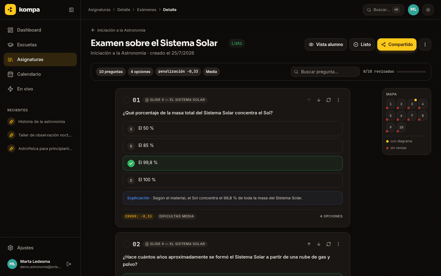 Examen de Kompa generado con IA desde el material: cada pregunta con su respuesta correcta, su explicación y su penalización por error.