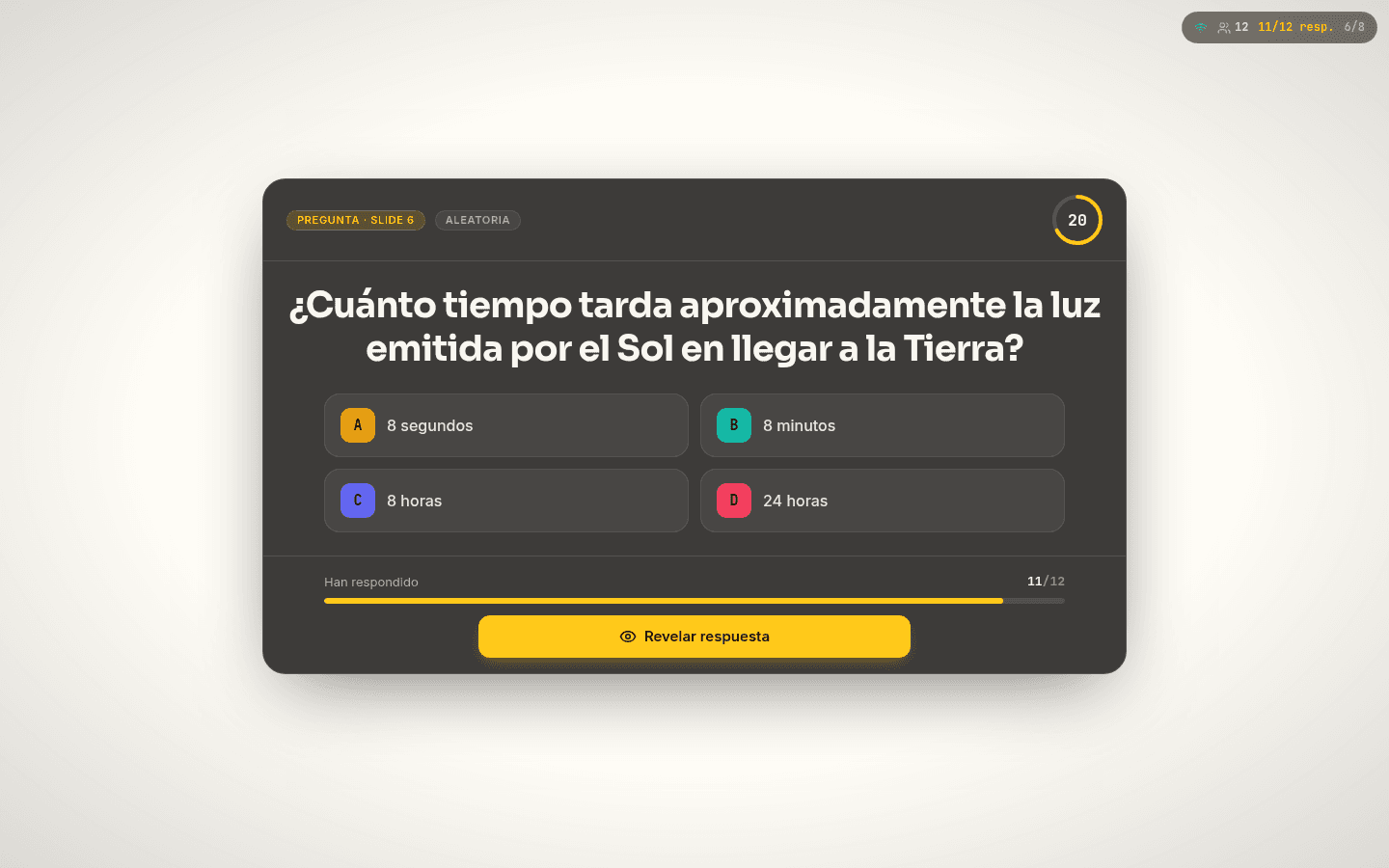 Vista del profesor en el Modo en Vivo: una pregunta lanzada sobre la diapositiva, con la cuenta atrás y el recuento de respuestas recibidas.