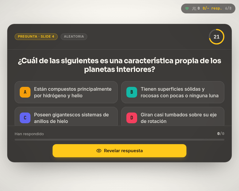 Vista del profesor en el Modo en Vivo con una pregunta tipo test generada con IA, lanzada en directo a la clase.