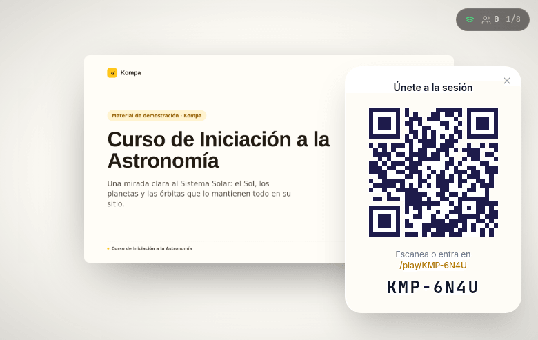 Sesión en vivo de Kompa: la diapositiva del profesor con el QR y el código para que el alumnado se una.