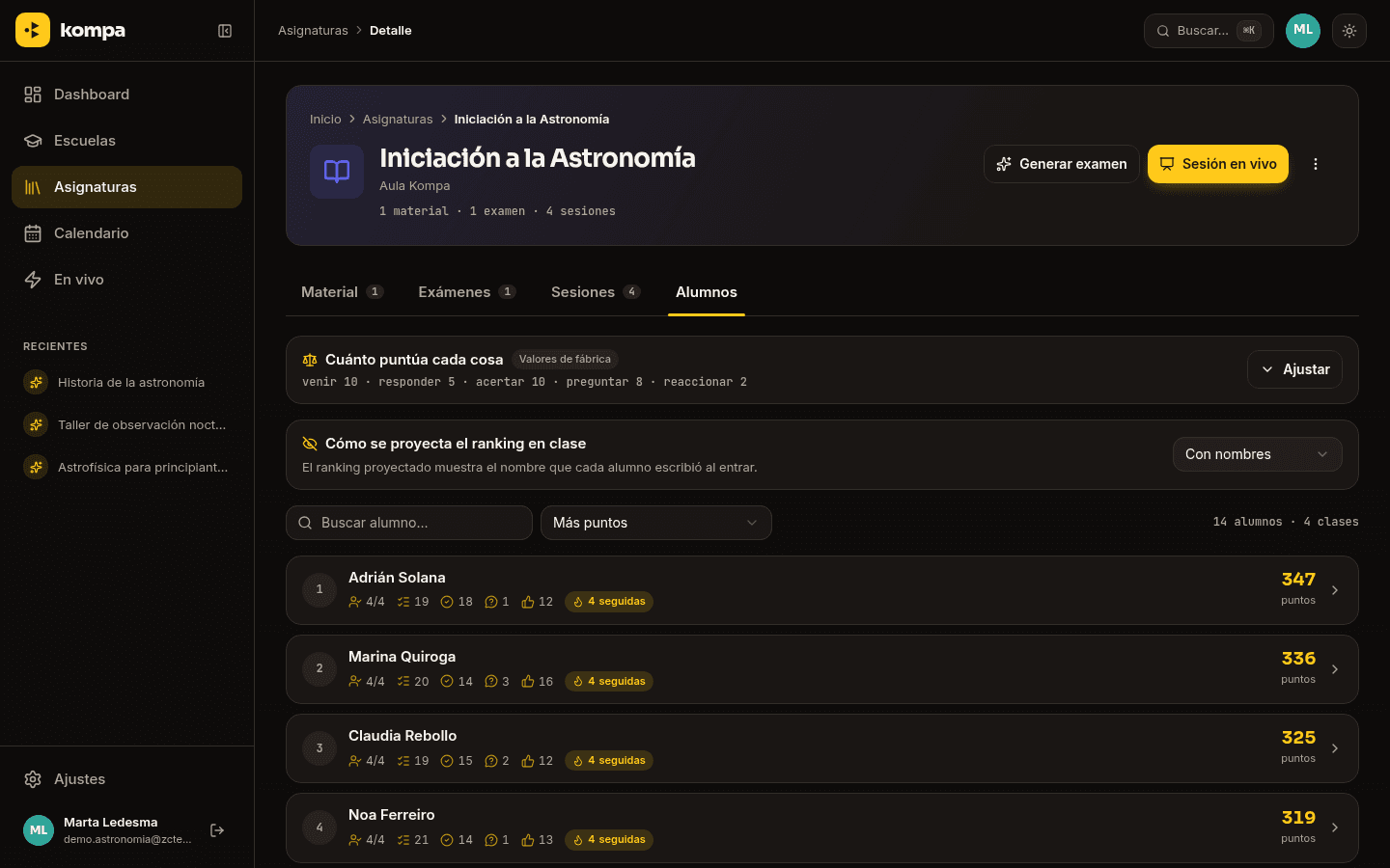 Ranking acumulado de una asignatura en Kompa, con el peso de cada señal de participación y el control de visibilidad del ranking.
